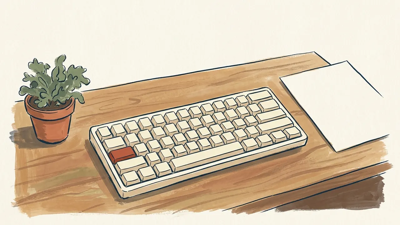 Teclado sin caracteres con una tecla de color teja, una planta y una hoja en blanco sobre un escritorio.