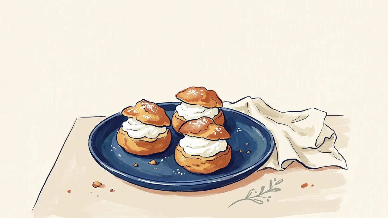 Tres bocaditos redondos de pasta choux rellenos de nata sobre un plato azul.