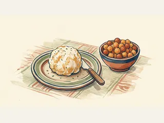 Bola de queso con hierbas y cuenco de aperitivos redondos de maíz.