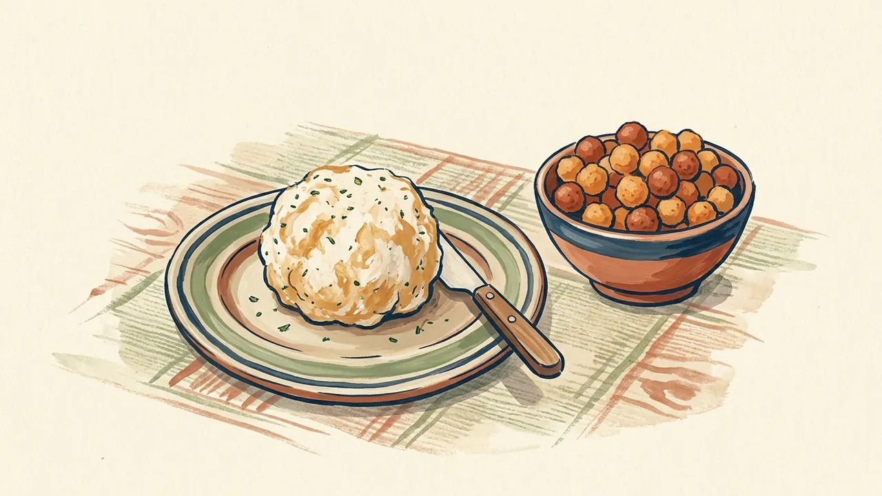 Bola de queso con hierbas y cuenco de aperitivos redondos de maíz.