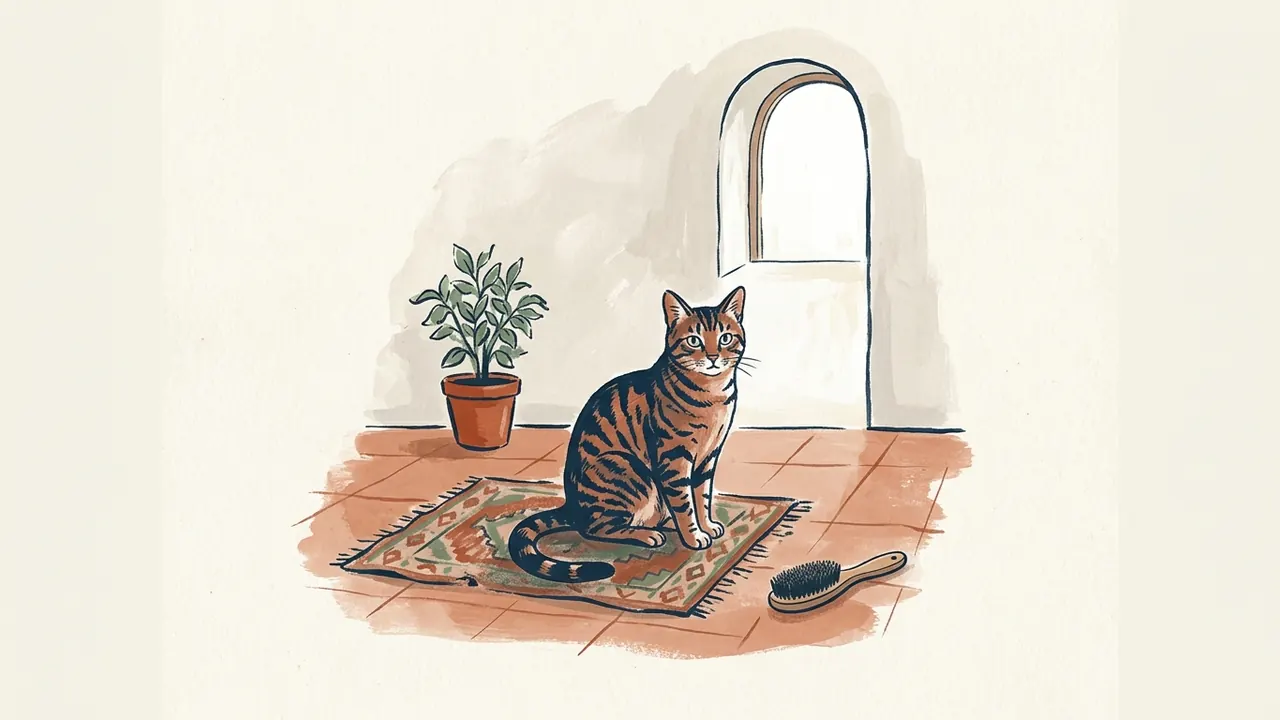 Gato atigrado sentado sobre una alfombra, con un cepillo al lado.