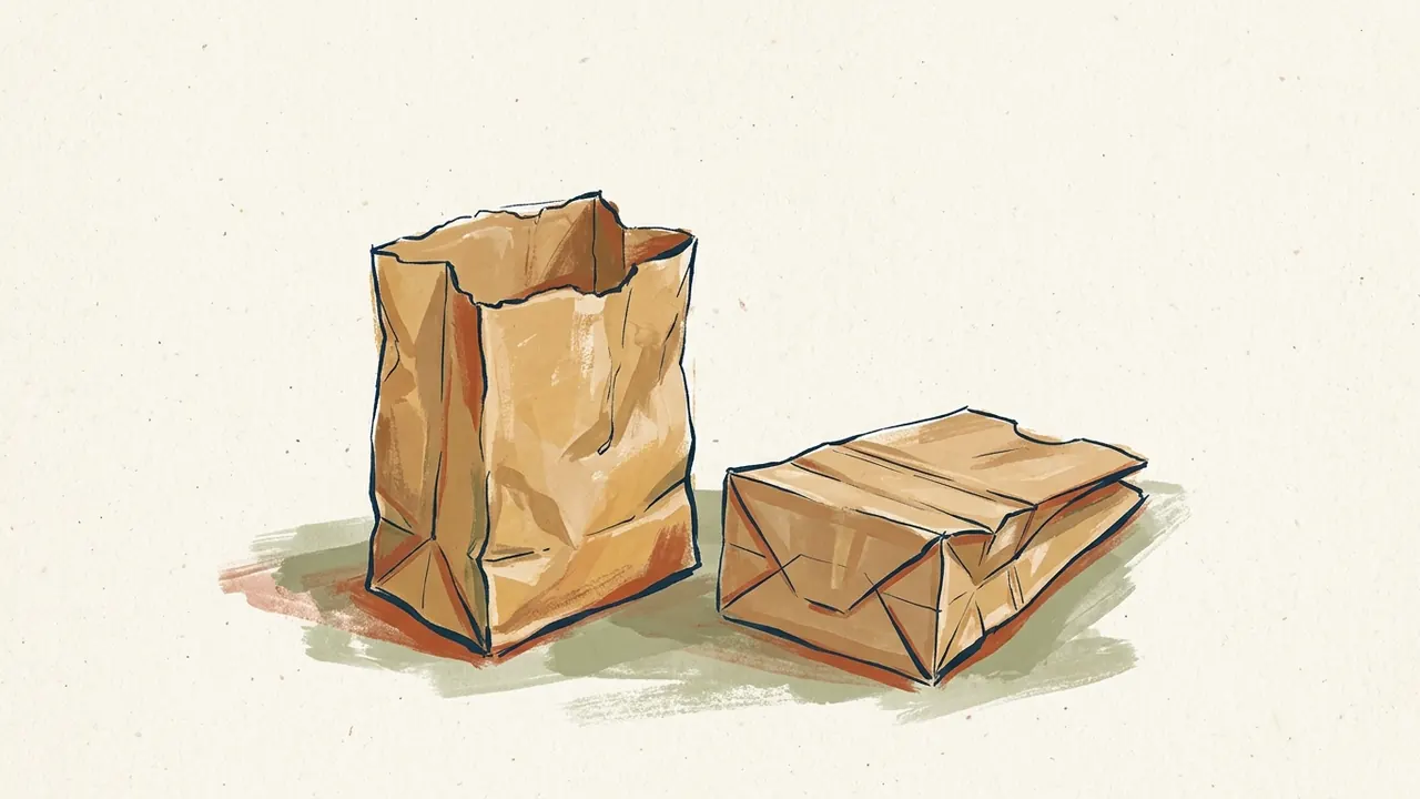 Dos bolsas de papel kraft, una abierta y otra doblada sobre una superficie.