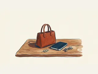 Bolso color teja de dos asas junto a un cuaderno y unas gafas sobre madera clara.