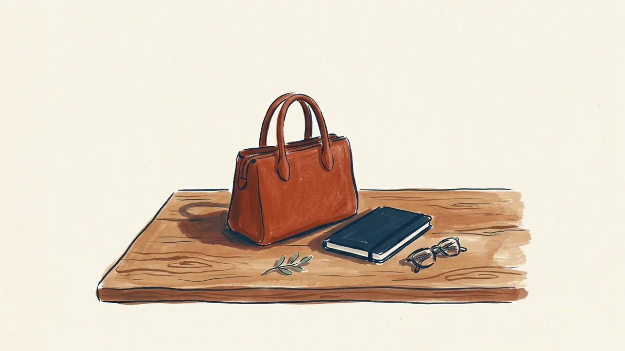 Bolso color teja de dos asas junto a un cuaderno y unas gafas sobre madera clara.