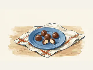 Cuatro bombones enteros y uno partido que muestra su relleno cremoso sobre un plato azul.