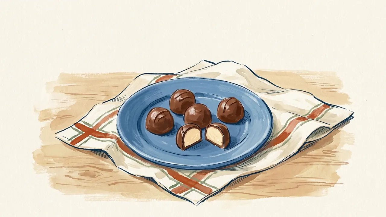 Cuatro bombones enteros y uno partido que muestra su relleno cremoso sobre un plato azul.