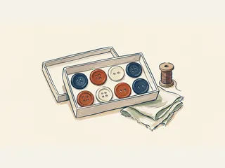 Una caja abierta con ocho botones de colores, un carrete de hilo y un retal de tela.