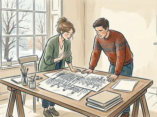 Dos personas observan dibujos originales de una calle imaginaria junto a una ventana de invierno.
