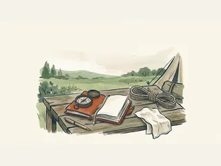Cuaderno, brújula, cuerda y pañuelo sobre una mesa de campamento.