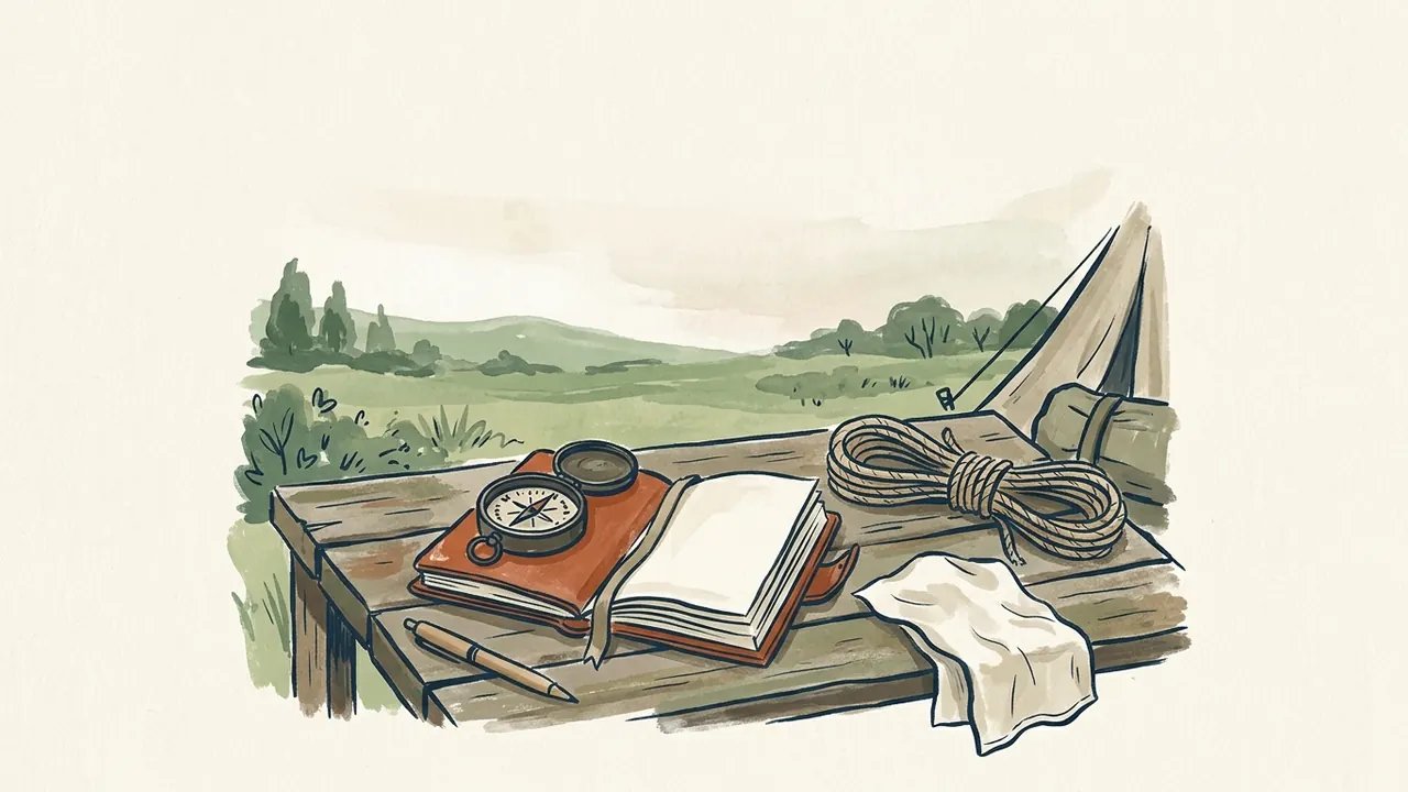 Cuaderno, brújula, cuerda y pañuelo sobre una mesa de campamento.