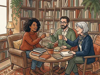 Tres personas brindan con tazas alrededor de una mesa con libros en una biblioteca.
