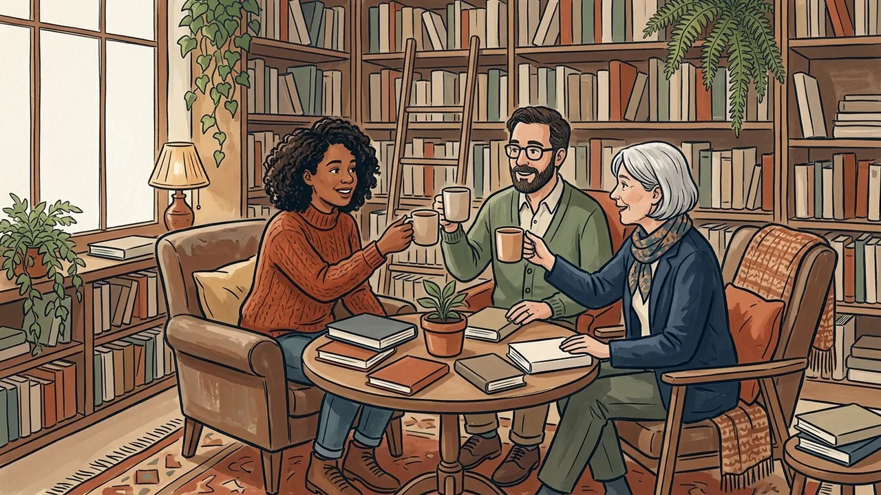 Tres personas brindan con tazas alrededor de una mesa con libros en una biblioteca.