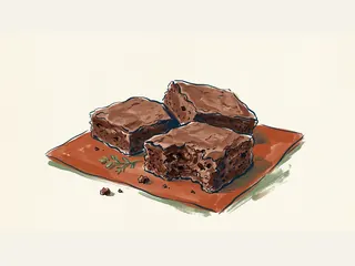 Tres porciones cuadradas de brownie de chocolate sobre una bandeja.