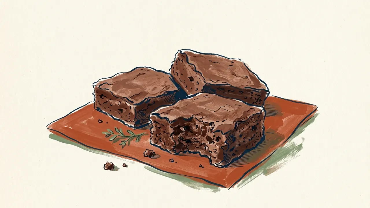 Tres porciones cuadradas de brownie de chocolate sobre una bandeja.
