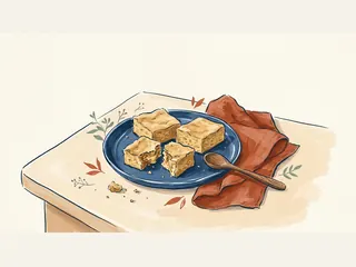 Porciones doradas de brownie rubio en un plato azul junto a una cuchara de madera.