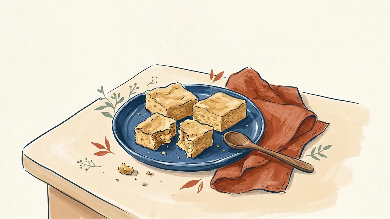 Porciones doradas de brownie rubio en un plato azul junto a una cuchara de madera.