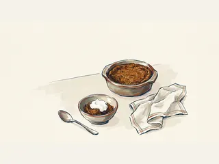 Fuente de budín de maíz y melaza junto a una porción con nata, una cuchara y un paño