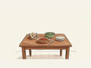 Mesa de bufé con pasta, ensalada, una cesta de pan, platos y una cuchara de servir.