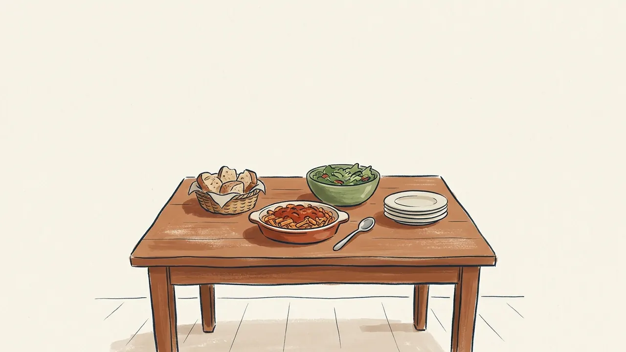 Mesa de bufé con pasta, ensalada, una cesta de pan, platos y una cuchara de servir.