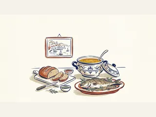 Una sopera con caldo dorado y un plato de pescado junto a pan y un dibujo de puerto.