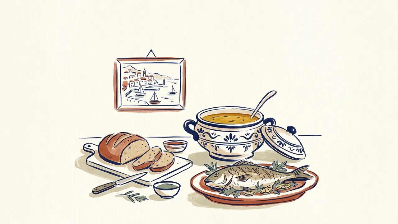 Una sopera con caldo dorado y un plato de pescado junto a pan y un dibujo de puerto.