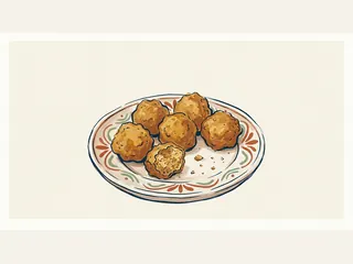 Seis buñuelos dorados, uno abierto, sobre un plato de cerámica.