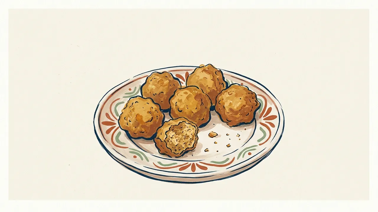 Seis buñuelos dorados, uno abierto, sobre un plato de cerámica.