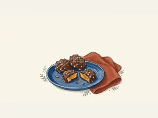 Trozos de buttercrunch con caramelo ámbar, chocolate y frutos secos sobre un plato azul.