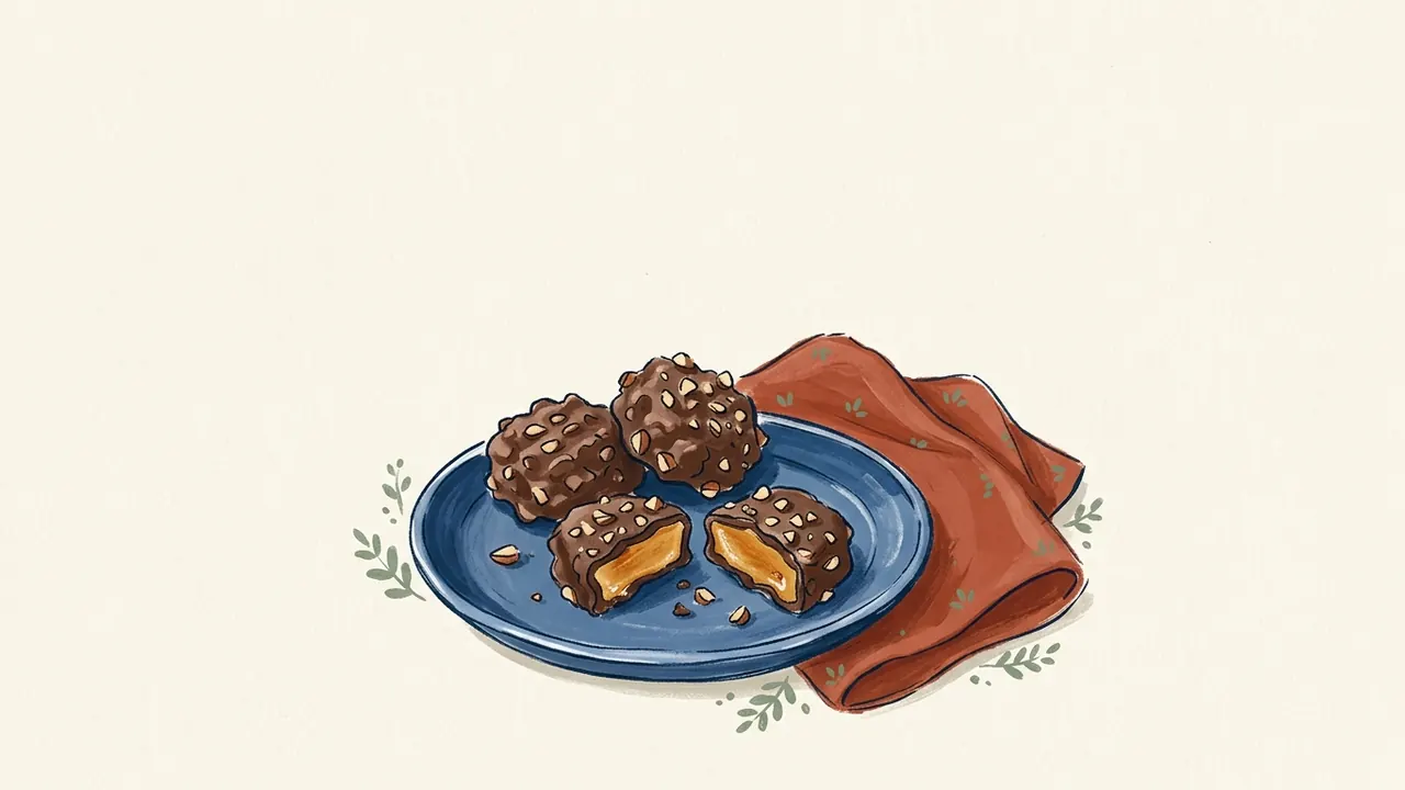 Trozos de buttercrunch con caramelo ámbar, chocolate y frutos secos sobre un plato azul.