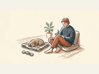Un cachorro descansa sobre una manta mientras una persona sentada escribe en un cuaderno.