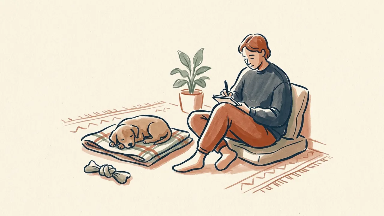 Un cachorro descansa sobre una manta mientras una persona sentada escribe en un cuaderno.