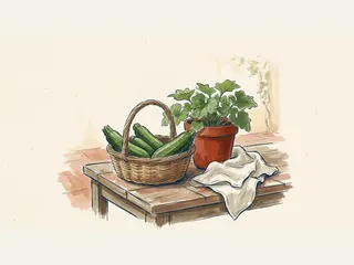 Cesta de calabacines junto a una maceta y un paño sobre una mesa.