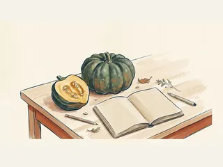 Una calabaza de bellota entera y otra cortada junto a un cuaderno abierto.