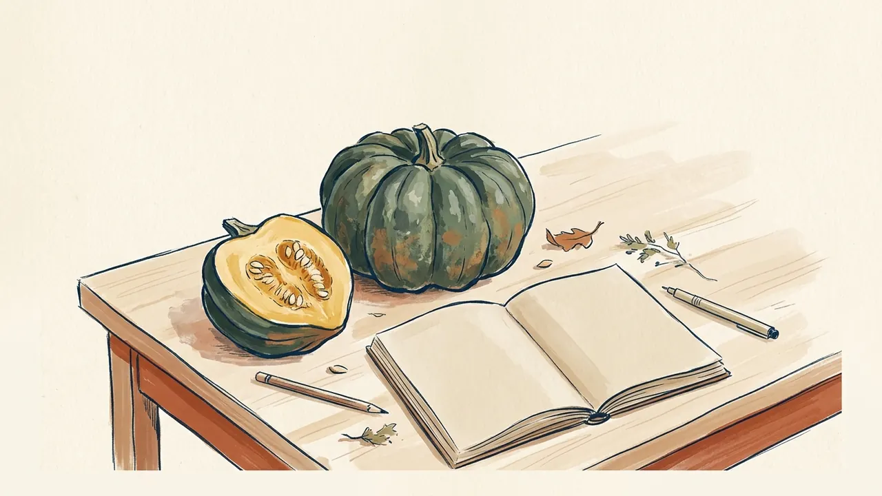 Una calabaza de bellota entera y otra cortada junto a un cuaderno abierto.