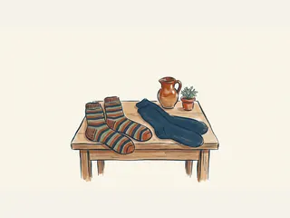 Dos pares de calcetines, uno de rayas y otro azul, sobre una mesa de madera.