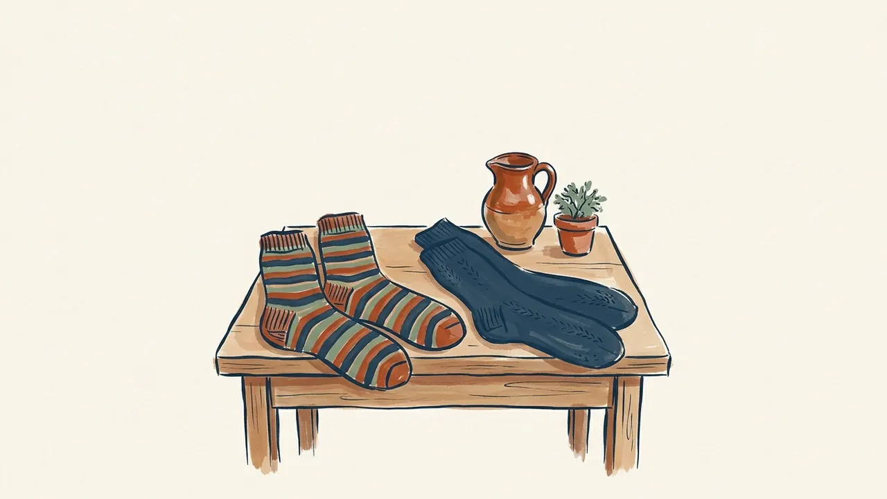 Dos pares de calcetines, uno de rayas y otro azul, sobre una mesa de madera.