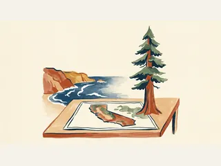 Un mapa sin rótulos de California comparte mesa con una secuoya ilustrada y una vista de costa.