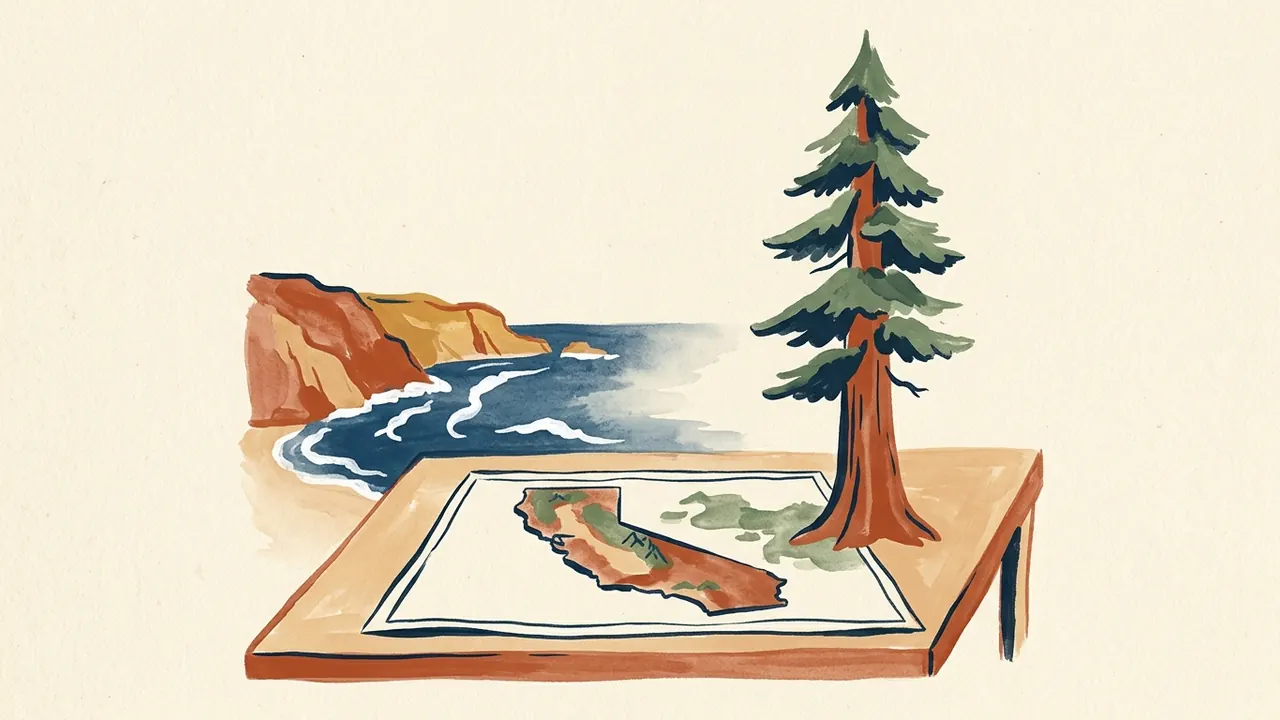 Un mapa sin rótulos de California comparte mesa con una secuoya ilustrada y una vista de costa.