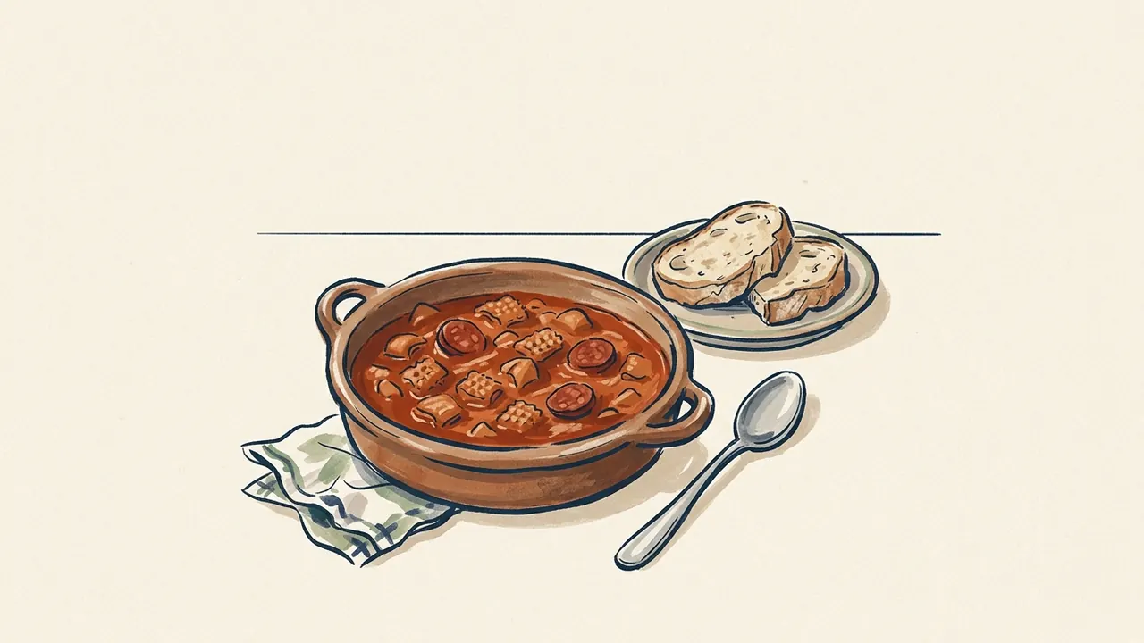 Cazuela de callos en salsa roja junto a pan, una cuchara y un paño.