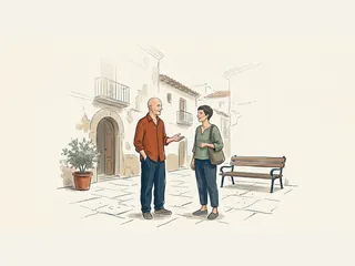 Un hombre calvo y una mujer conversan de pie en una plaza con un banco y una planta.