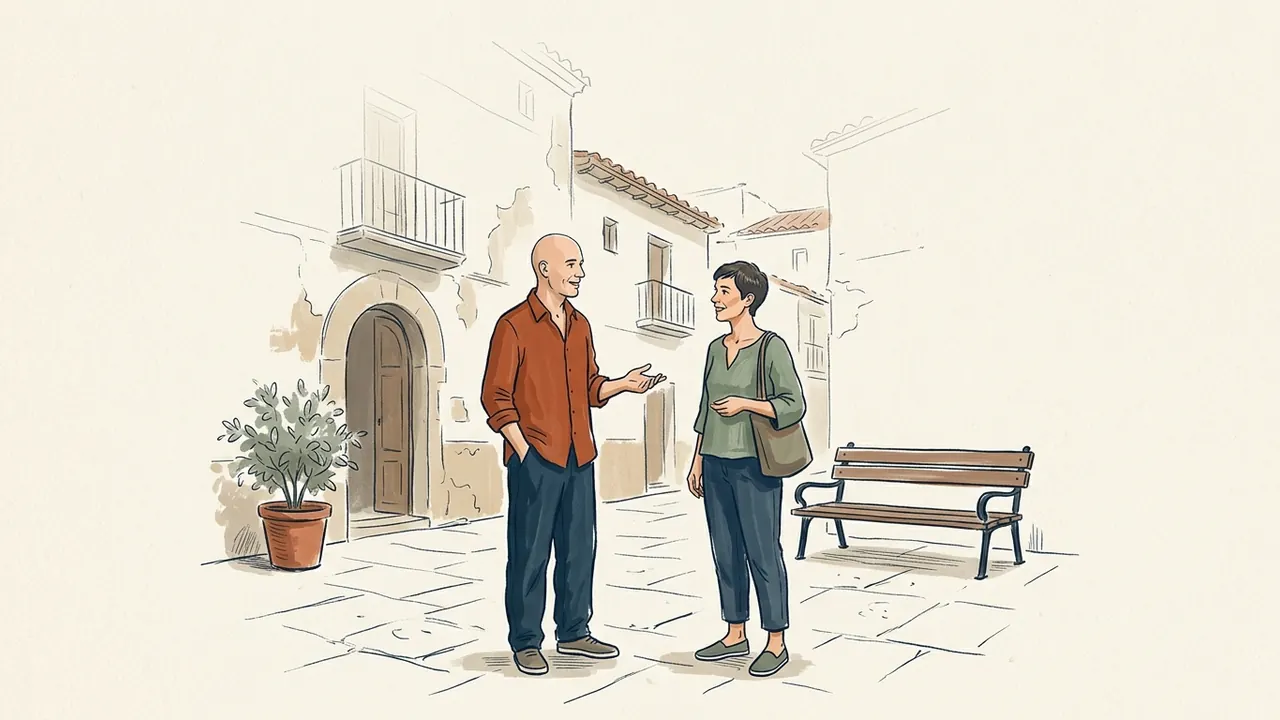 Un hombre calvo y una mujer conversan de pie en una plaza con un banco y una planta.