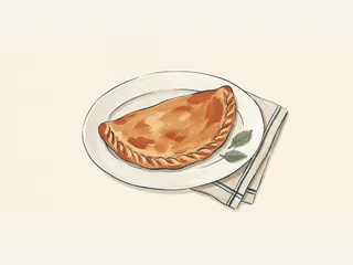 Calzone cerrado en forma de media luna sobre un plato con dos hojas de albahaca.