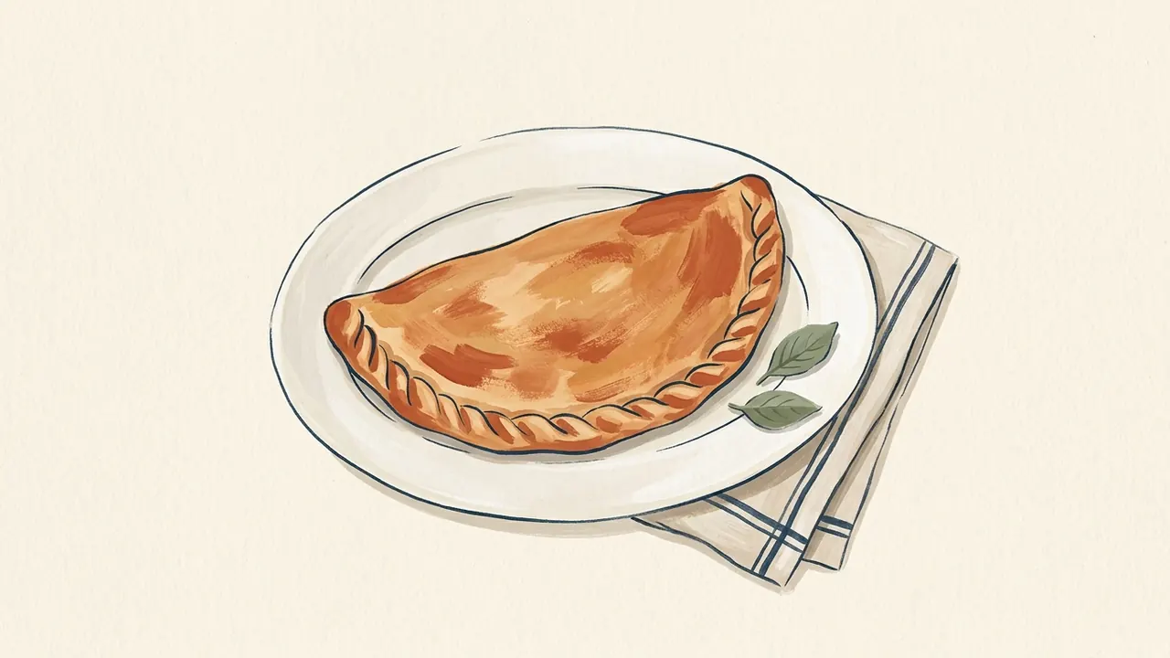 Calzone cerrado en forma de media luna sobre un plato con dos hojas de albahaca.