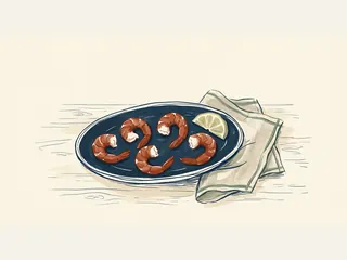 Cinco camarones sobre un plato azul, con limón y un paño de cocina.