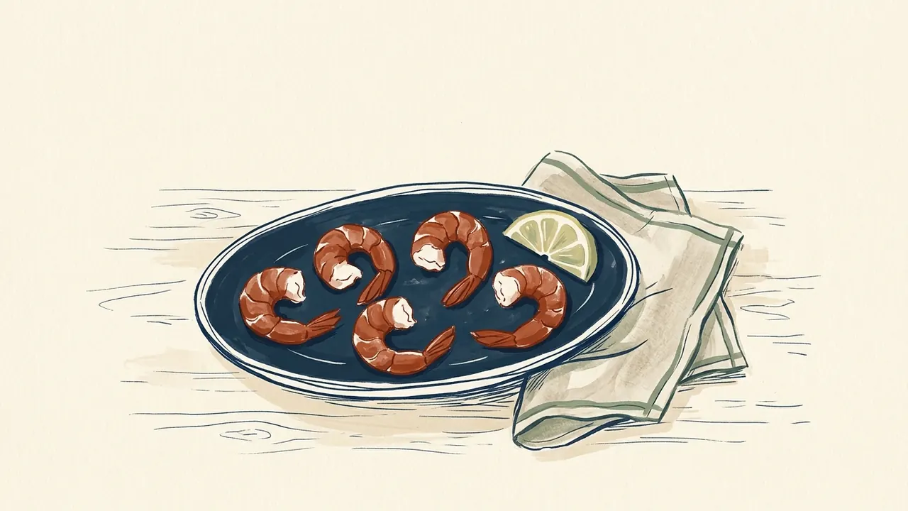 Cinco camarones sobre un plato azul, con limón y un paño de cocina.