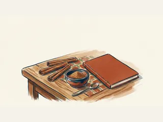 Tres ramas de canela junto a un cuenco de canela molida, una cuchara y un cuaderno cerrado.