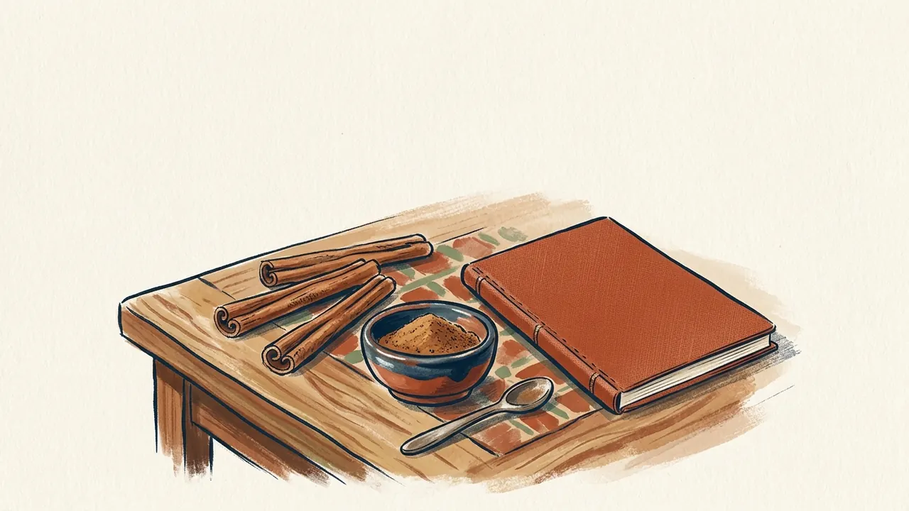 Tres ramas de canela junto a un cuenco de canela molida, una cuchara y un cuaderno cerrado.