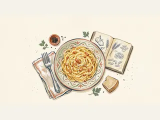 Un plato de espaguetis a la carbonara acompaña una cuña de queso y un cuaderno de dibujos culinarios.