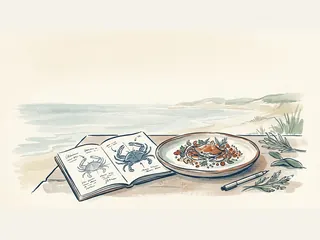 Un plato con cangrejo cocinado junto a un cuaderno con dibujos del crustáceo y un paisaje costero.