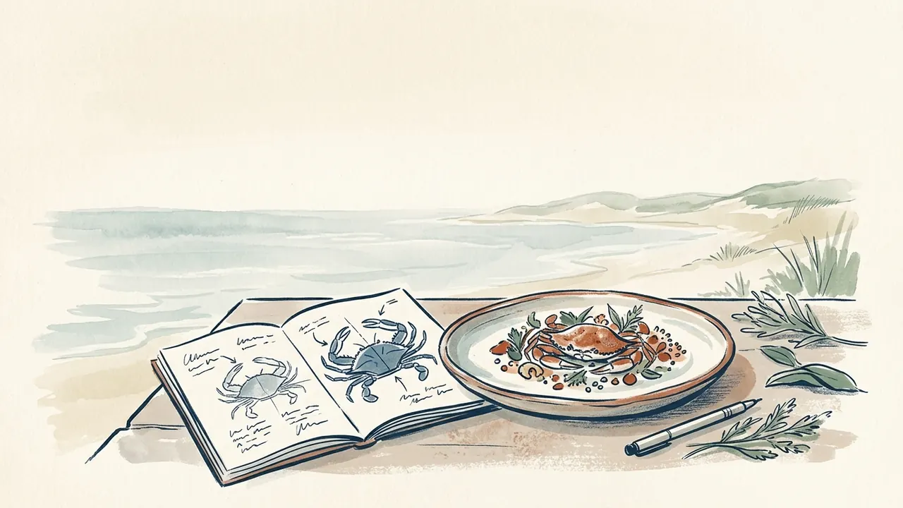 Un plato con cangrejo cocinado junto a un cuaderno con dibujos del crustáceo y un paisaje costero.
